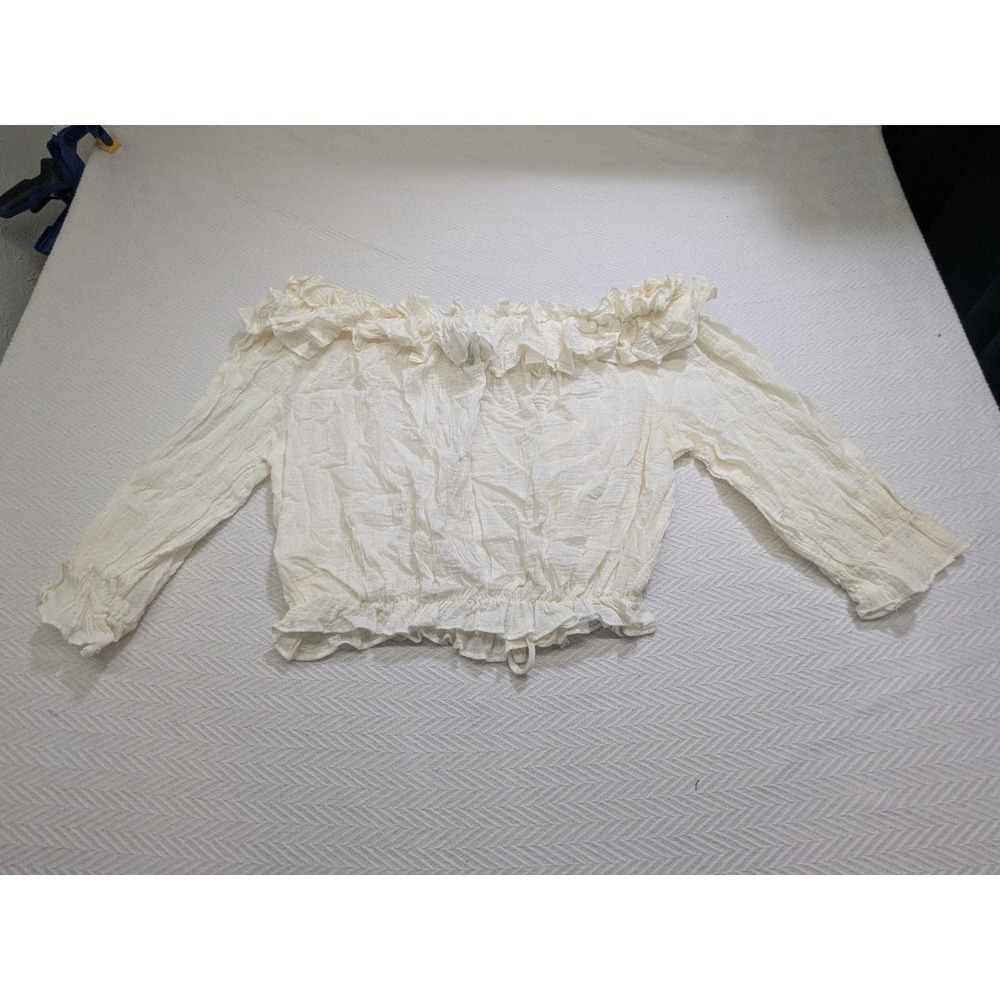 SAUCi White Cotton Gauze Ruffle Crop Top Women L Boho Peasant Off Shoulder Y2K